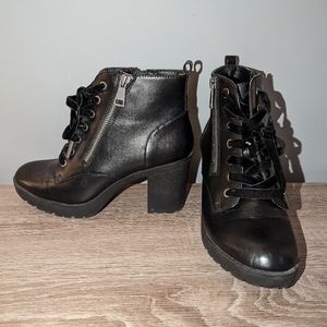 Black leather chunky heel booties